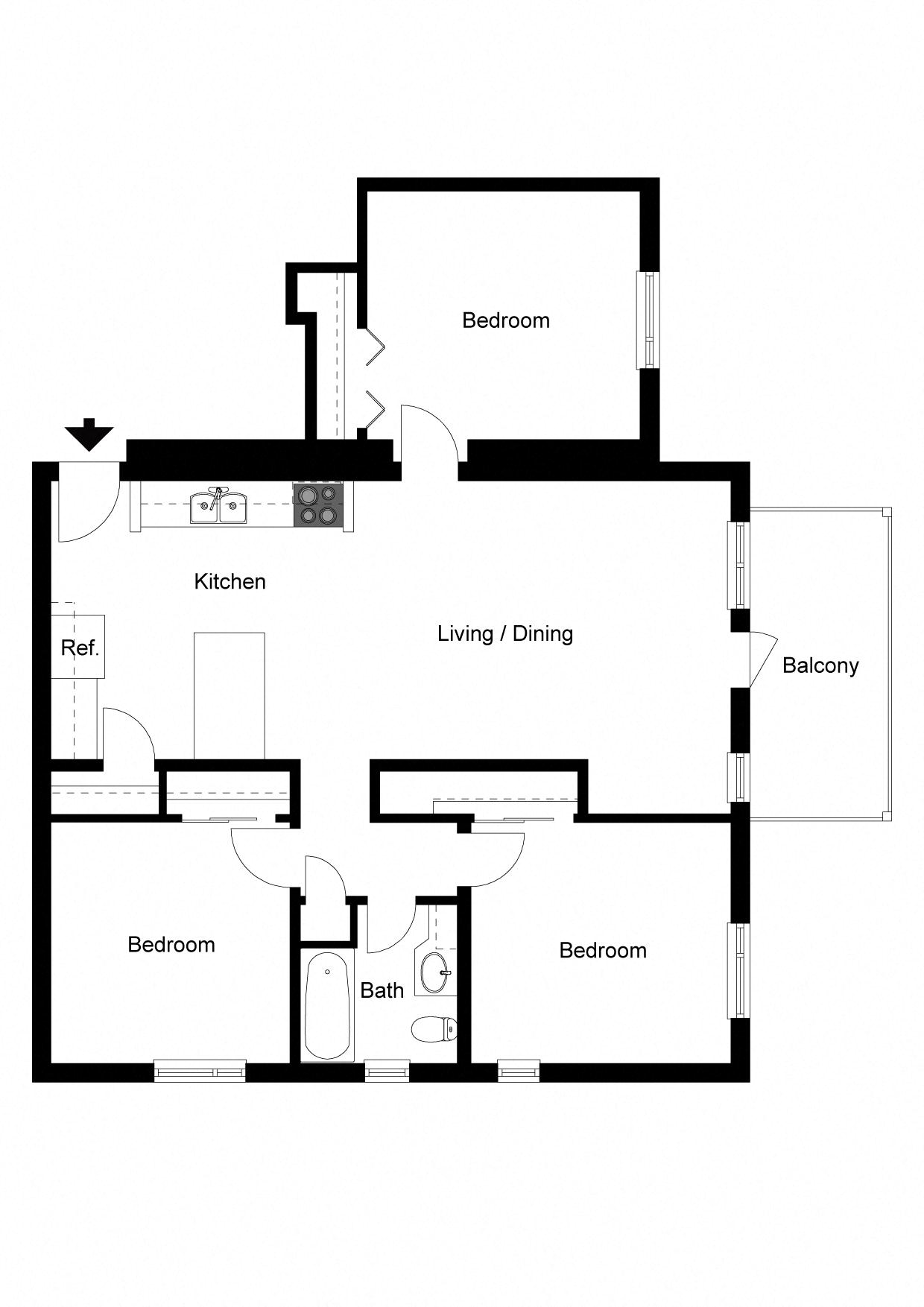 Floor plan for 3 beds, 1 bath, 880 sqft